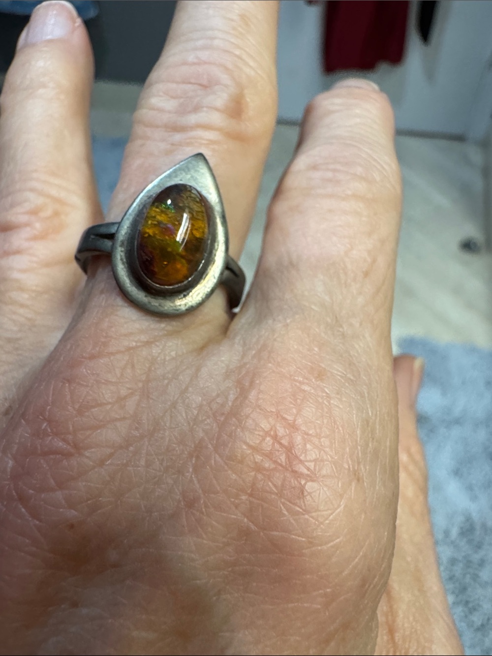Sterling Silver Teardrop Amber Ring - Warm Brown Amber